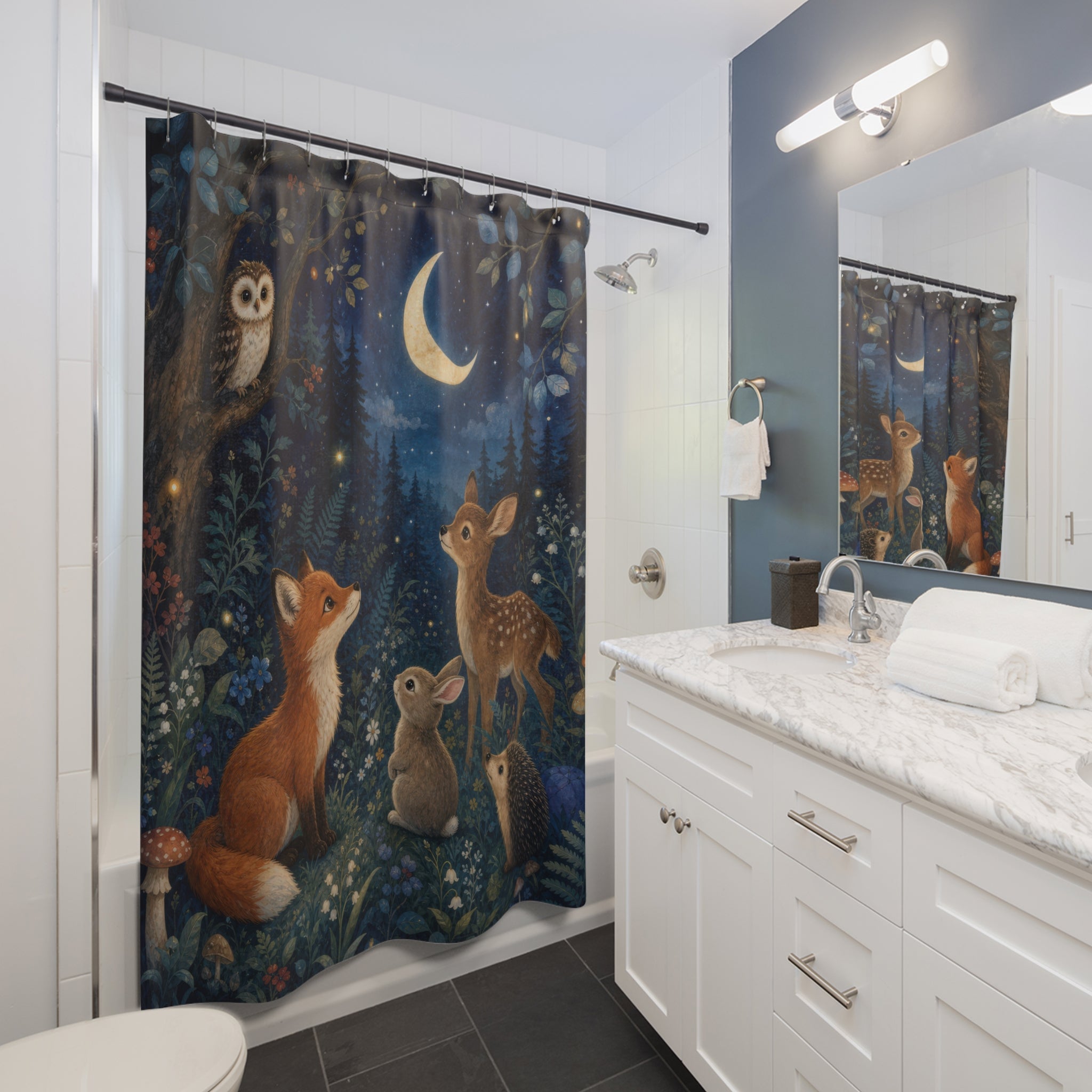 Moonlit Woodland Animals Kids Shower Curtain
