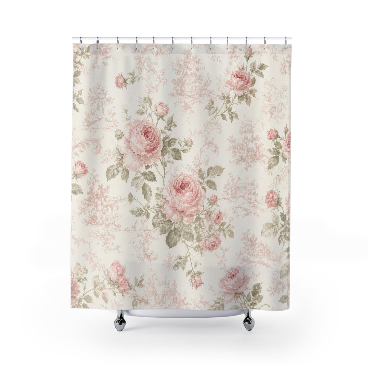 Pink Rose Floral Shabby Chic Botanical Vintage shower curtain with full front view