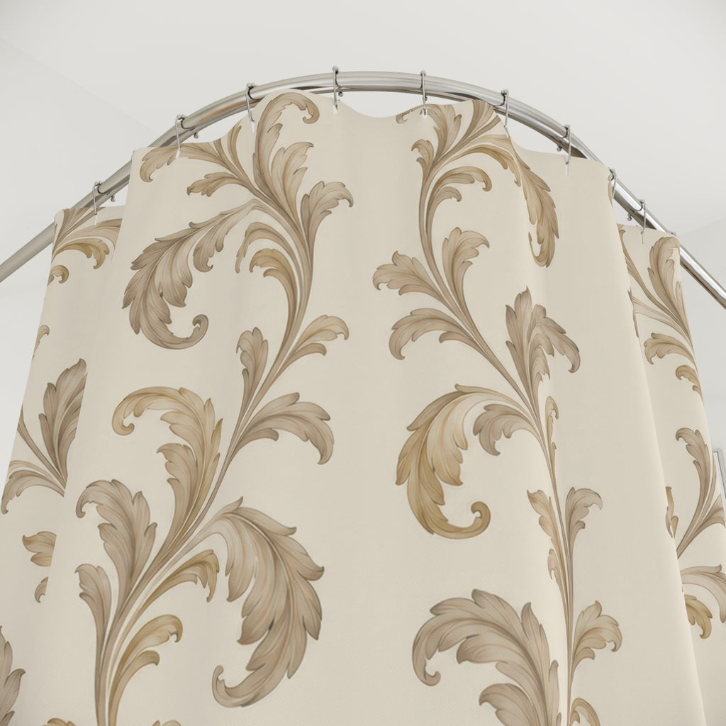 Champagne beige acanthus scrolls on warm cream shower curtain with close-up print, hooks, and folds