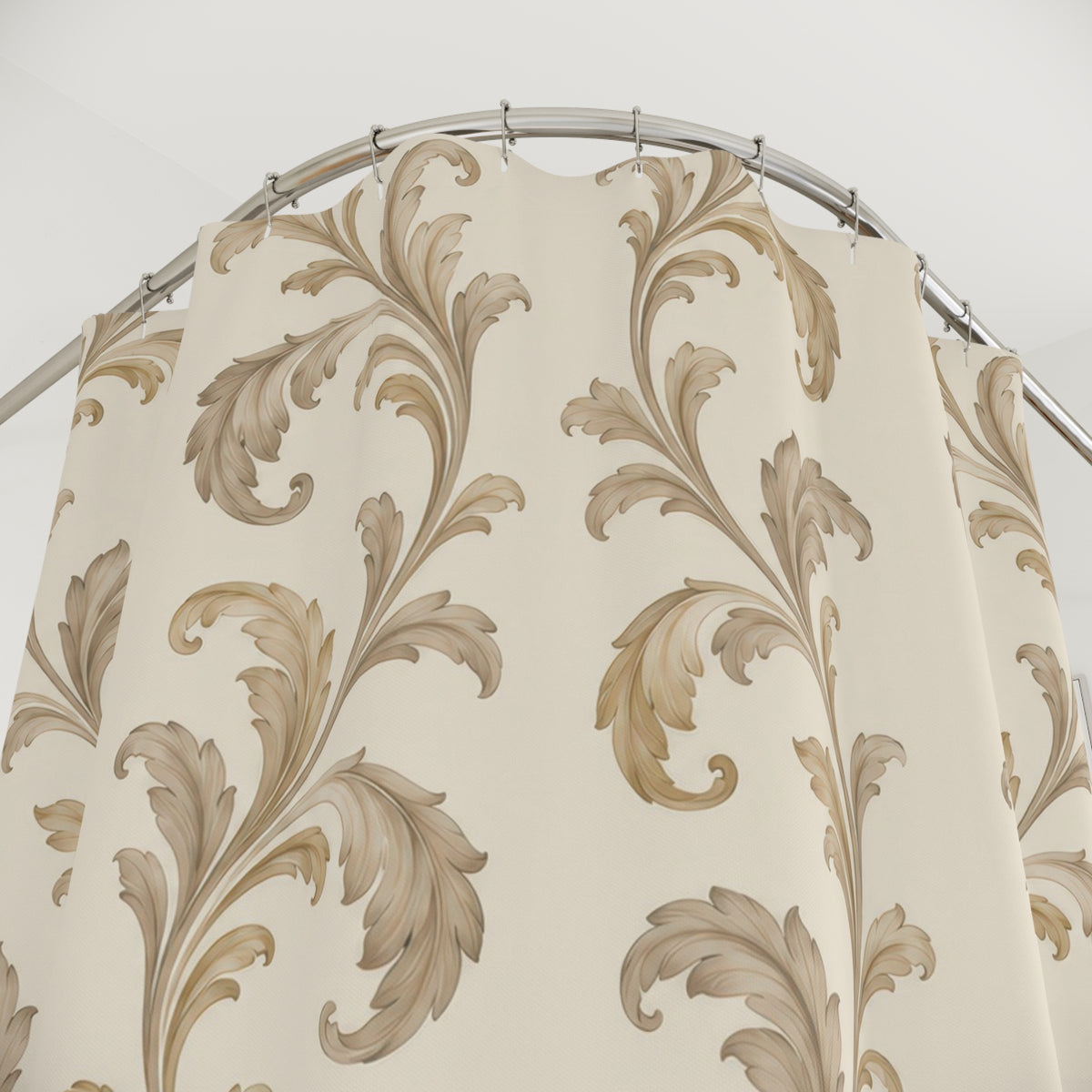 Champagne beige acanthus scrolls on warm cream shower curtain with close-up print, hooks, and folds