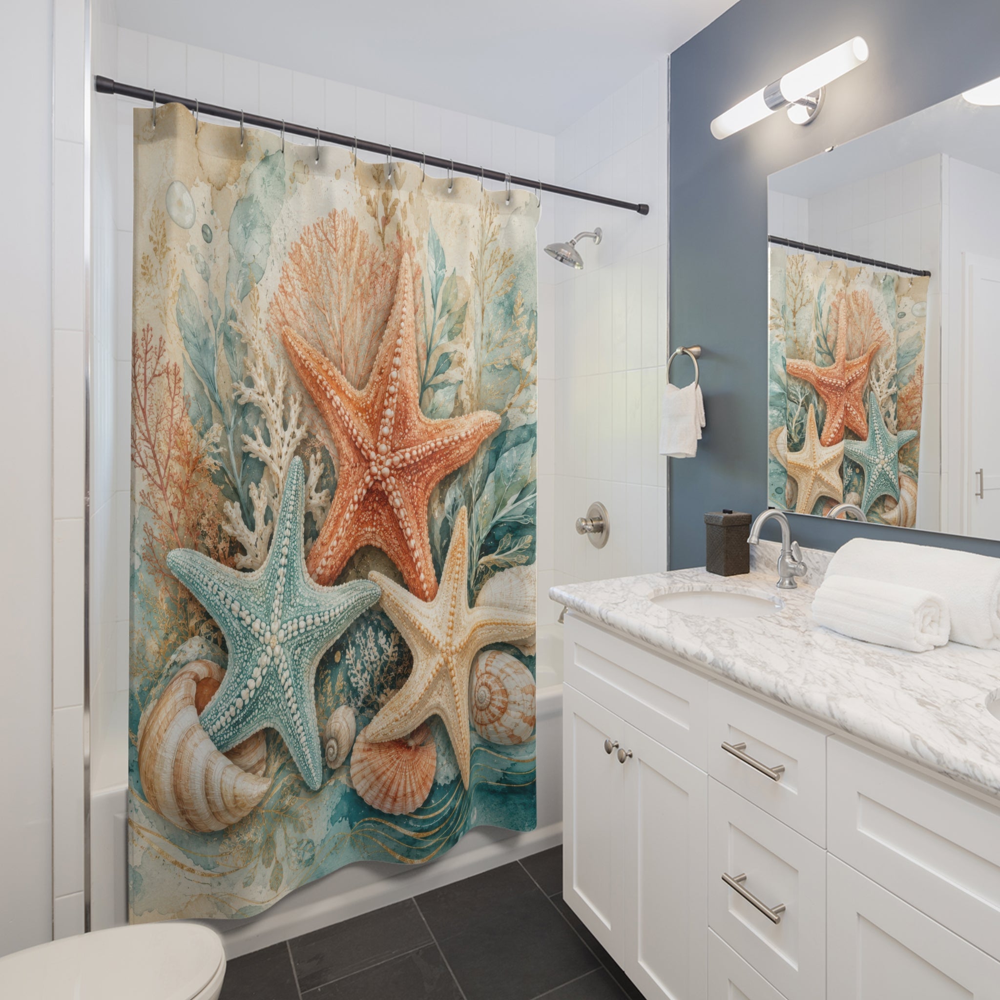 Starfish Shower Curtain: Aqua Coral Seashell Coastal