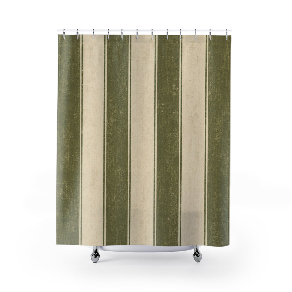 Olive Green Beige Block Stripe Shower Curtain