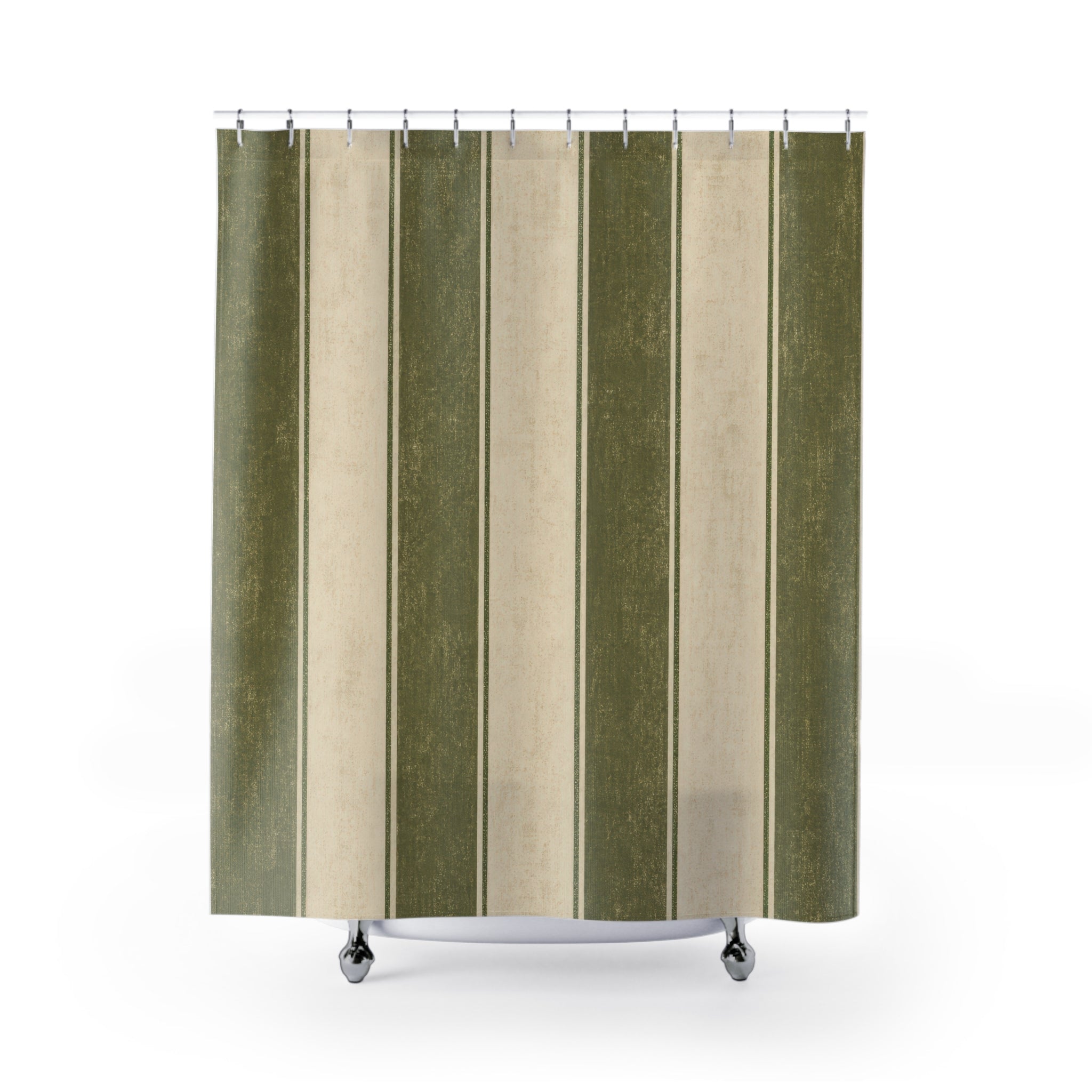 Olive Green Beige Block Stripe Shower Curtain