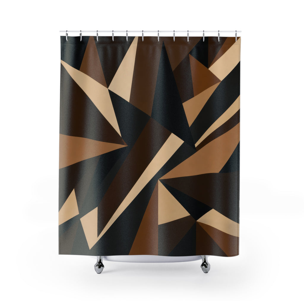 Black Geometric Shower Curtain, Brown Tan Abstract Bath Decor, Sharp Triangle Pattern, Modern Architectural Guest Bathroom Decor Style