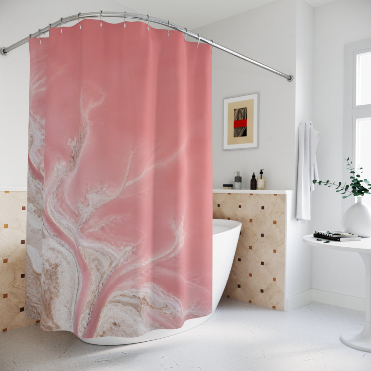 Aerial blush pink salt lagoon and branching white shore shower curtain beside a freestanding tub