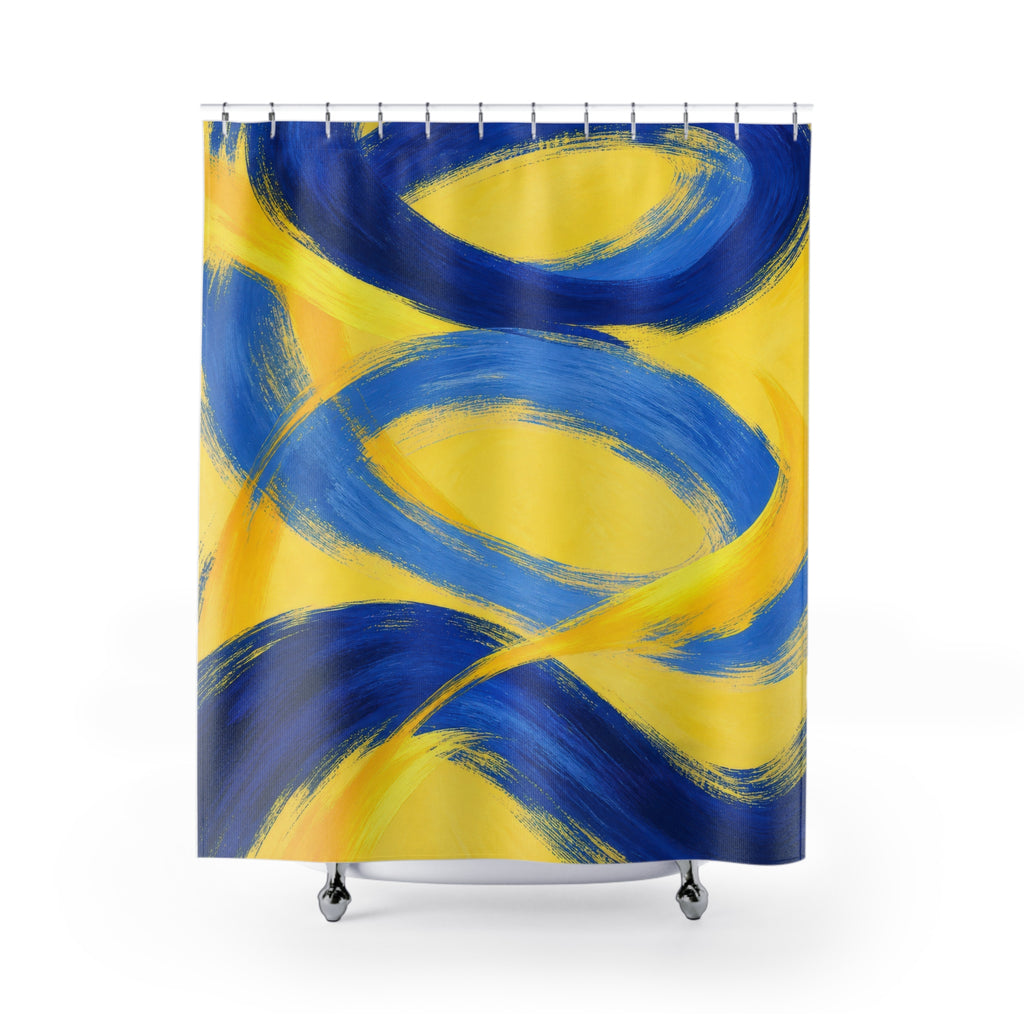 Blue brushstroke loops crossing a sunny yellow ground shower curtain with full front view