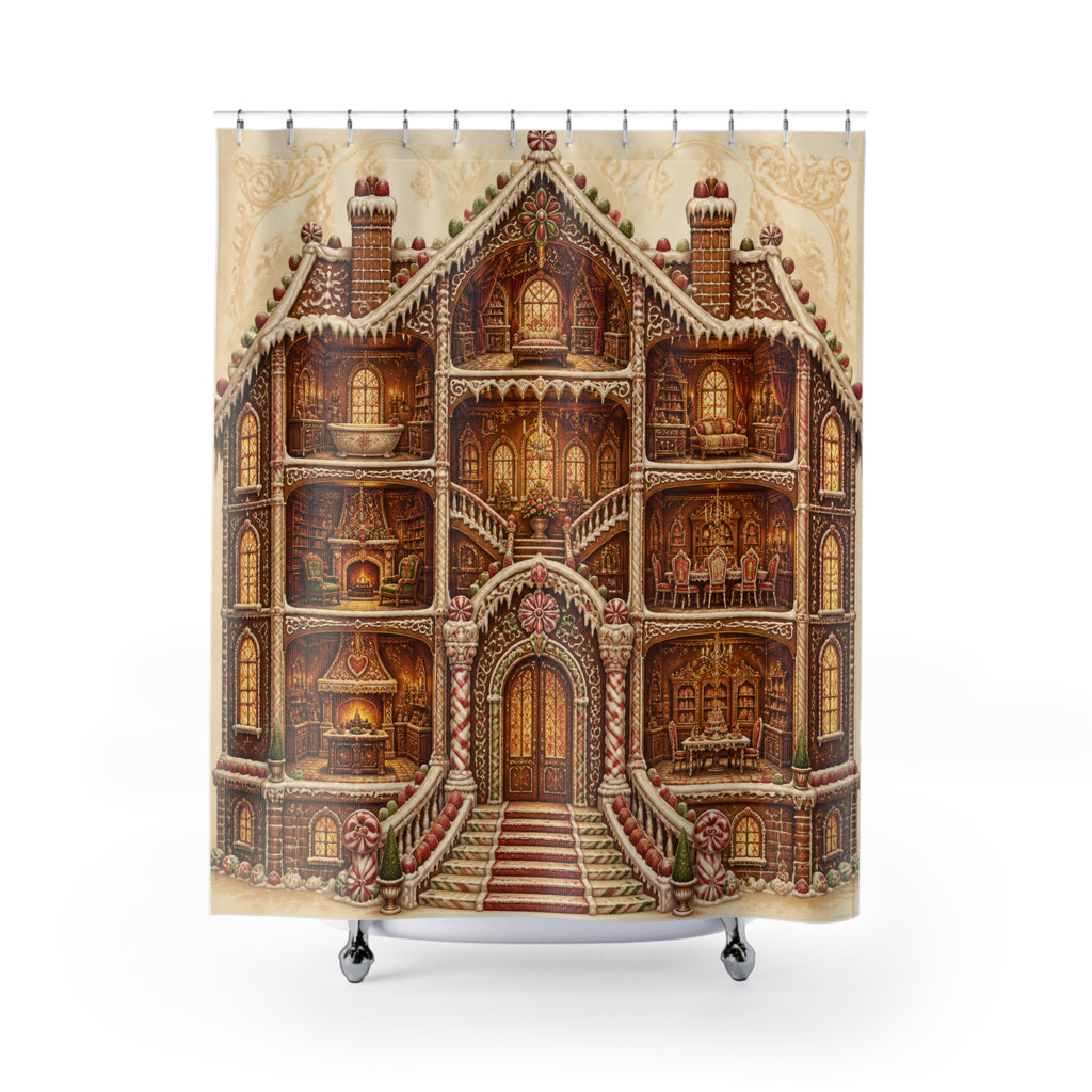 Grand gingerbread manor with glowing cutaway rooms shower curtain with full front view