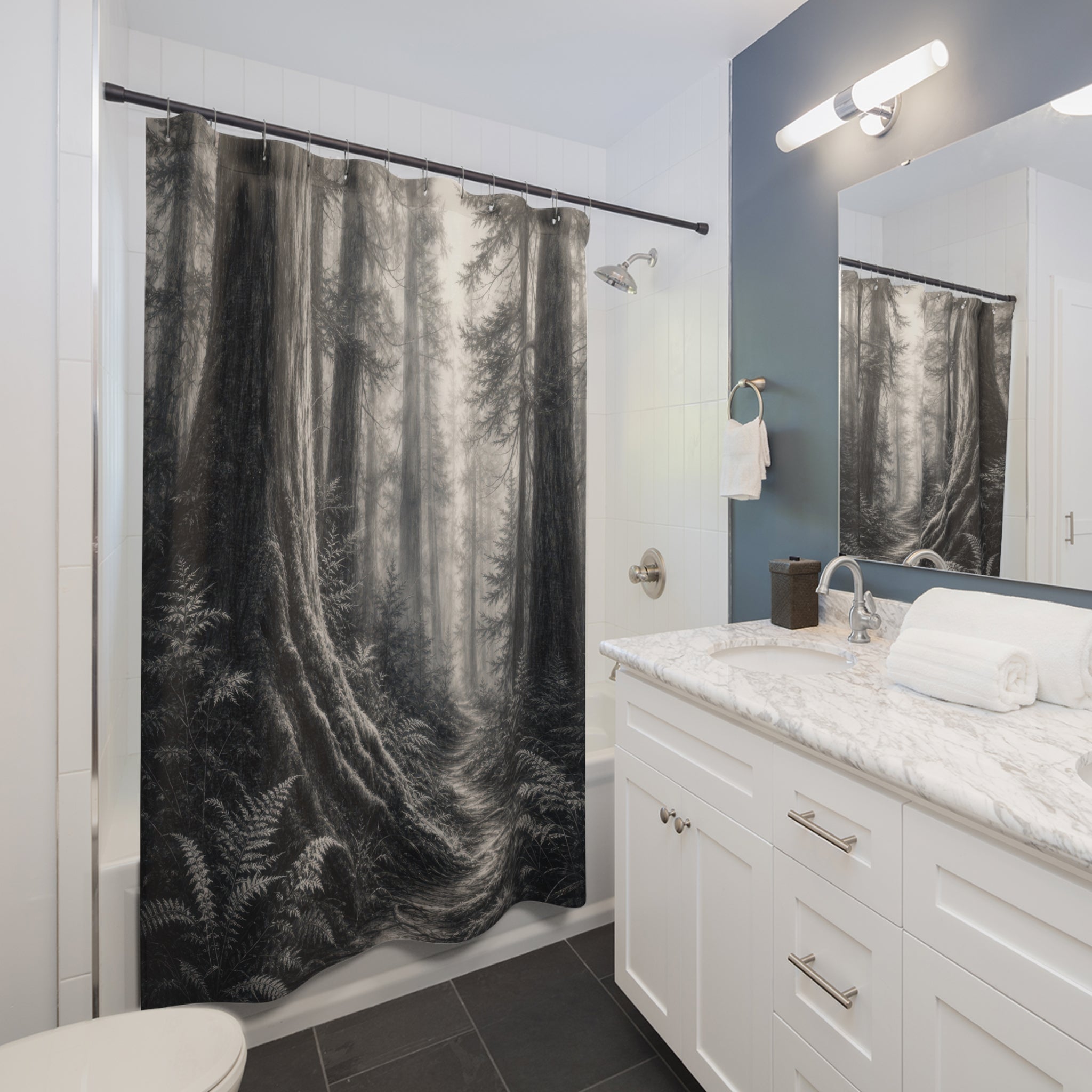 Charcoal Foggy Old Growth Forest Shower Curtain