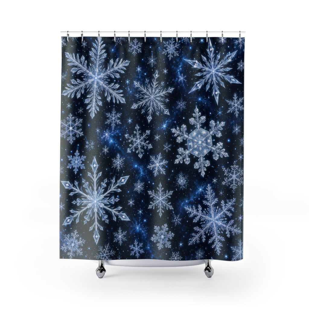 White snow crystals on deep navy shower curtain with full front view