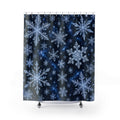White snow crystals on deep navy shower curtain with full front view
