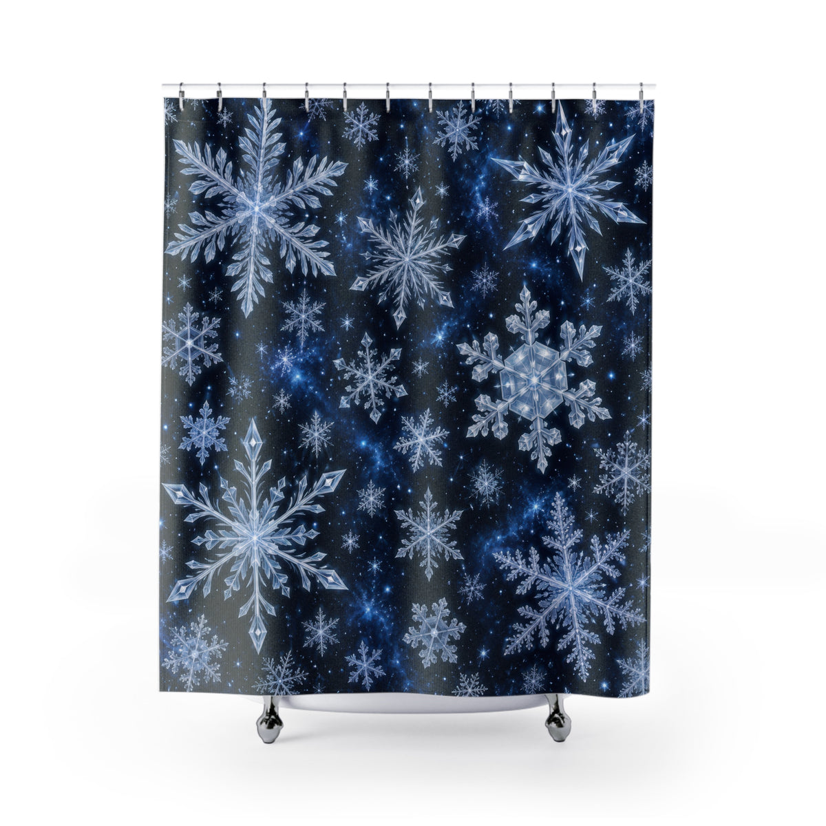 White snow crystals on deep navy shower curtain with full front view