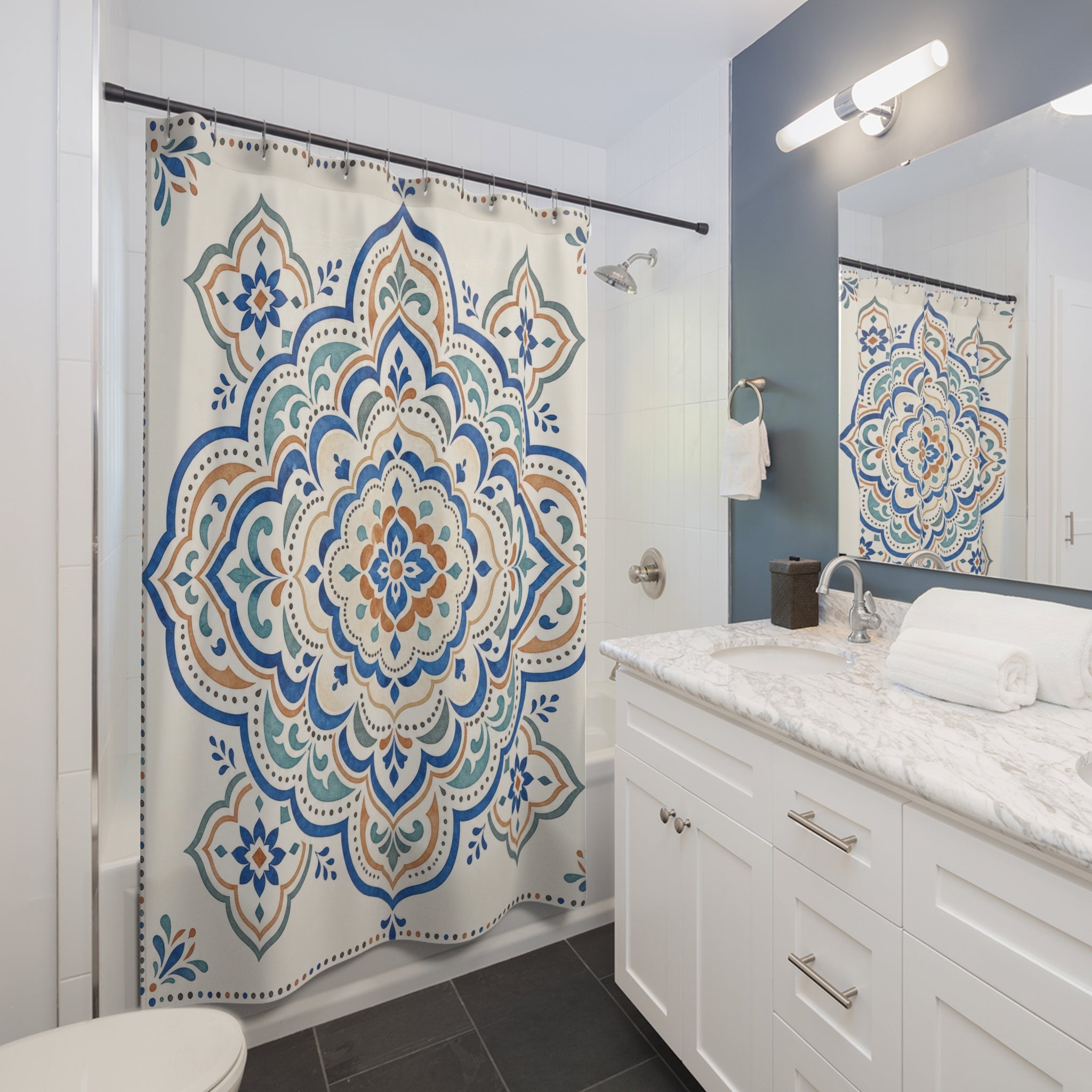 Blue Orange Mandala Medallion Shower Curtain