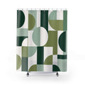 Green Geometric Shower Curtain, White Circle Bath Decor, Mid Century Block Pattern, Modern Guest Bathroom Decor, Sage Retro Style Decor