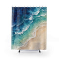 Blue and turquoise surf beside a pale sandy shore shower curtain with full front view