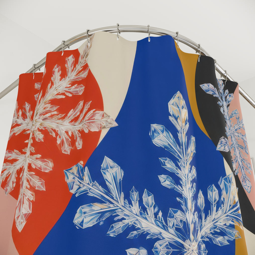 Color block snowflake crystals shower curtain with close-up print, hooks, and folds