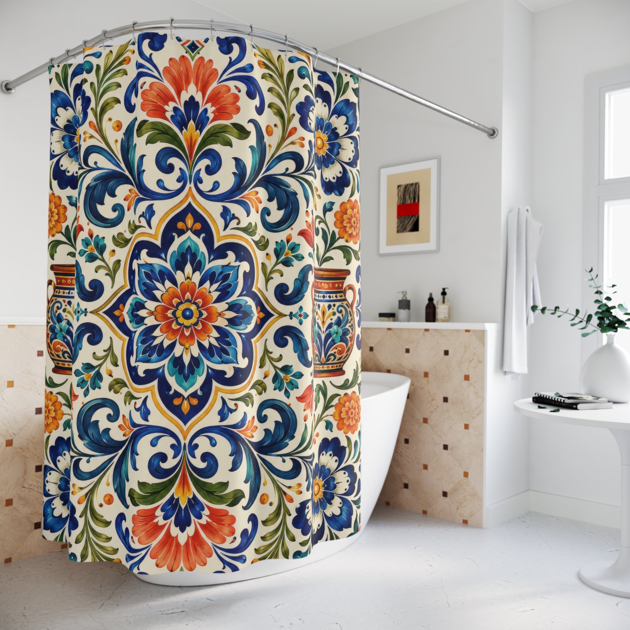 Mexican Floral Shower Curtain: Blue Orange Talavera Tile