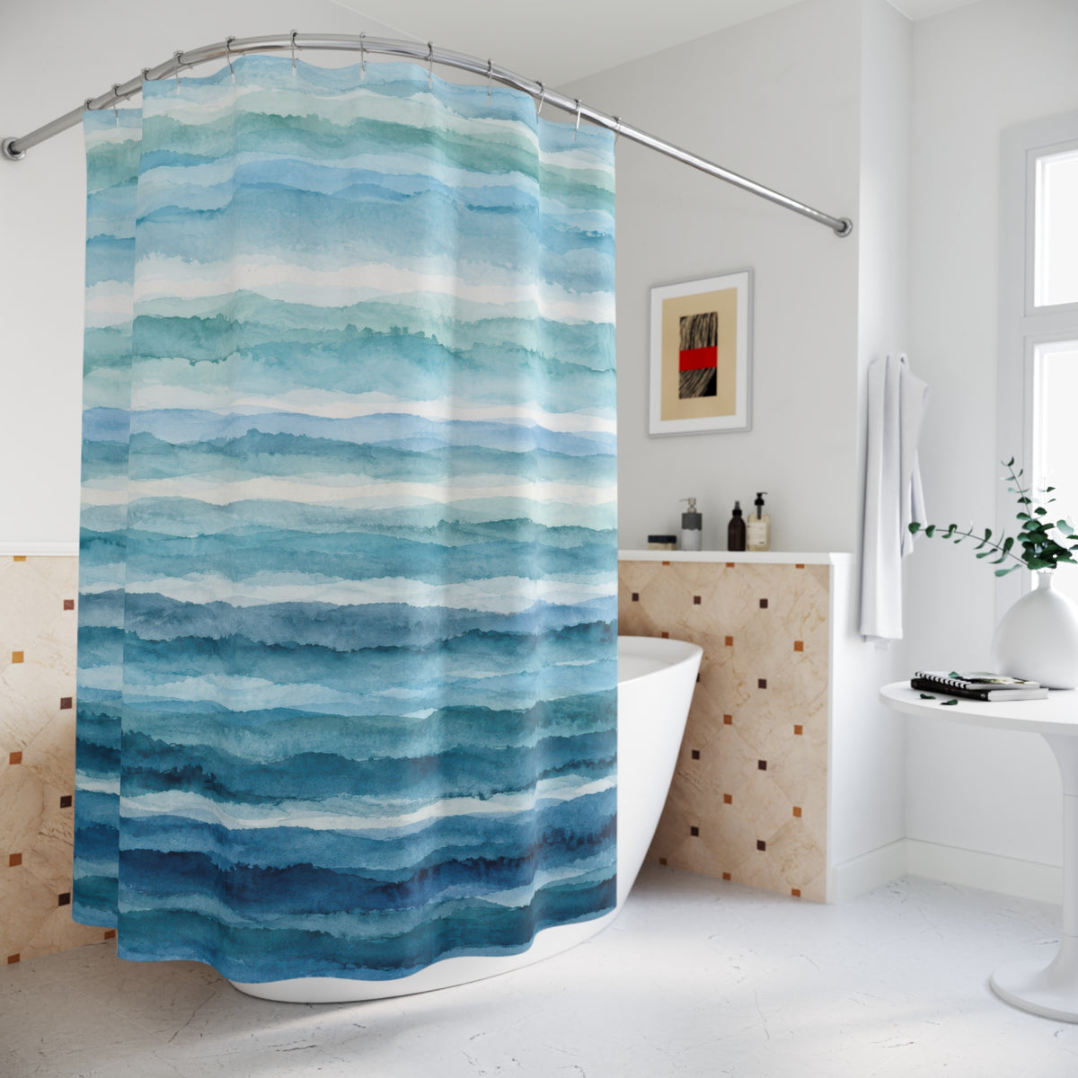 Watercolor bands of aqua and teal deepening to blue below shower curtain beside a freestanding tub