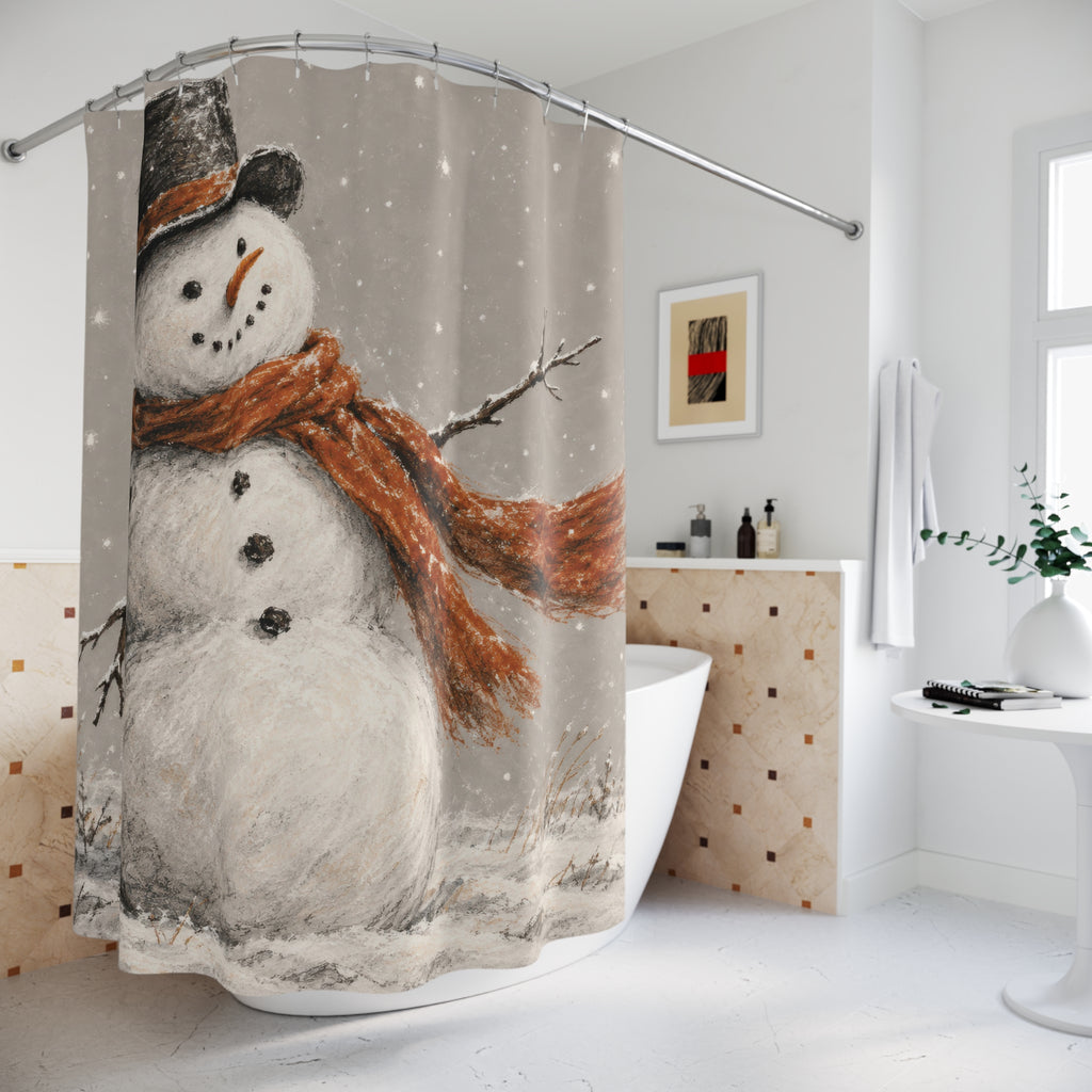 White snowman with orange scarf and black hat in grey snow shower curtain beside a freestanding tub