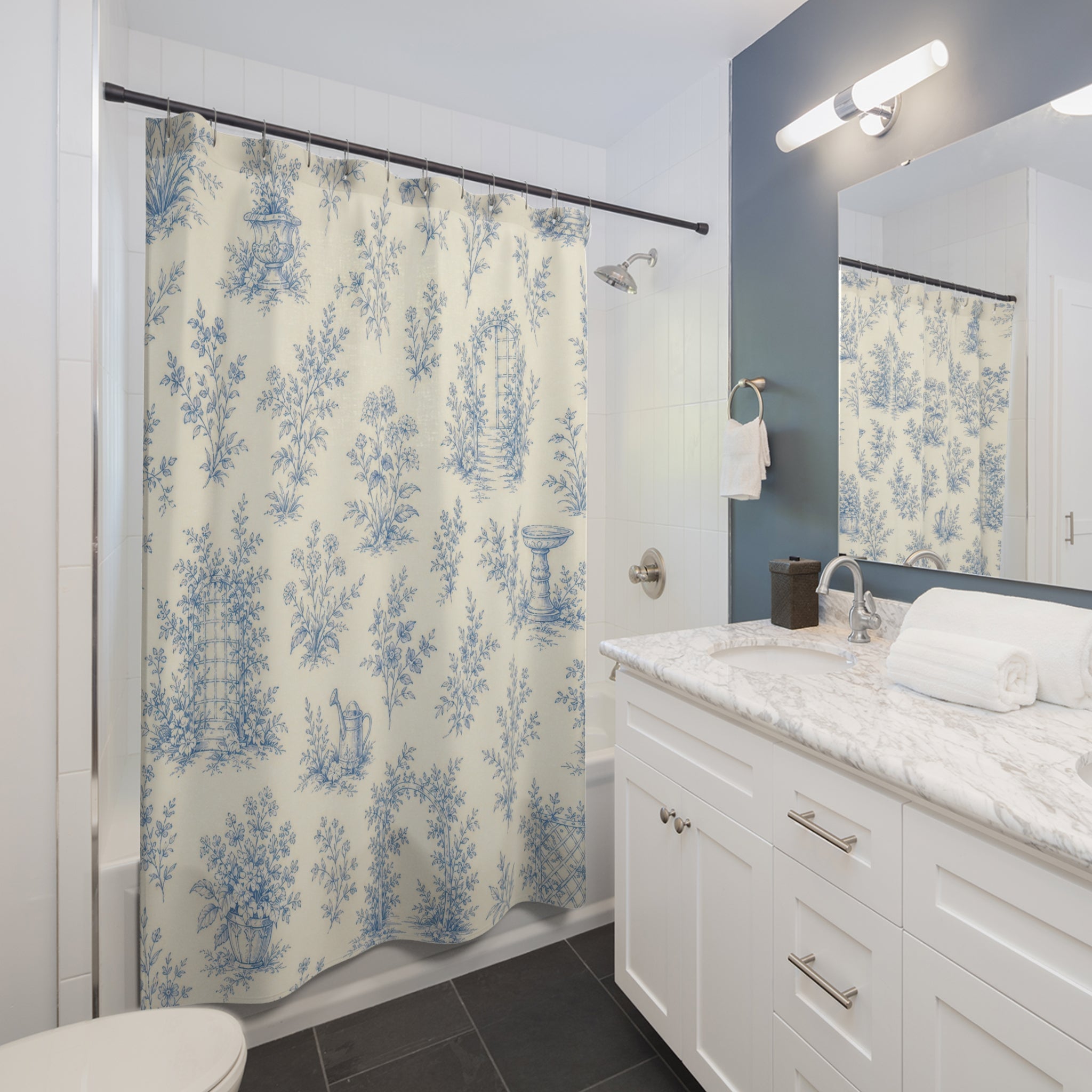 Blue White Country Garden Floral Shower Curtain