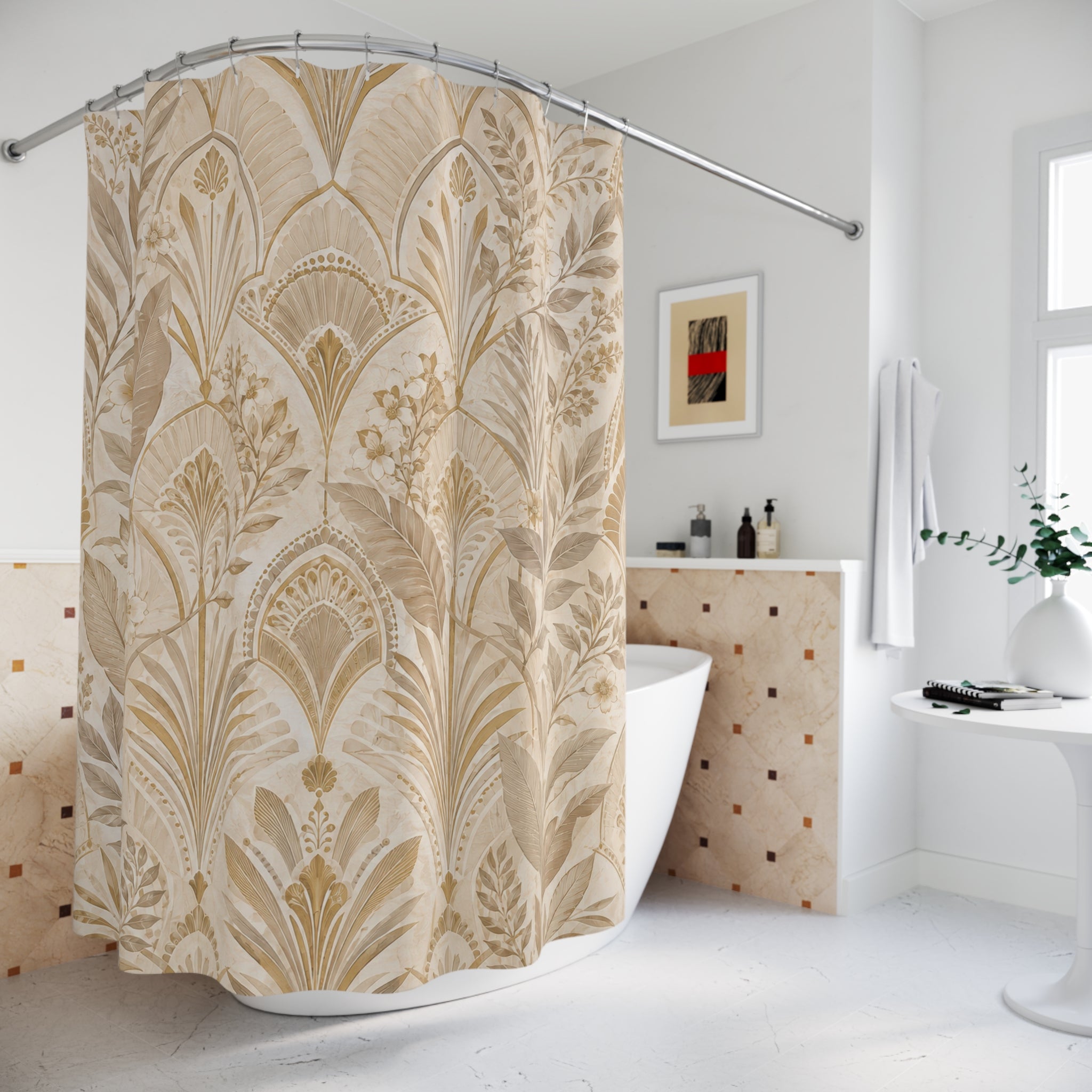 Beige and Gold Shower Curtain: Deco Botanical Pattern