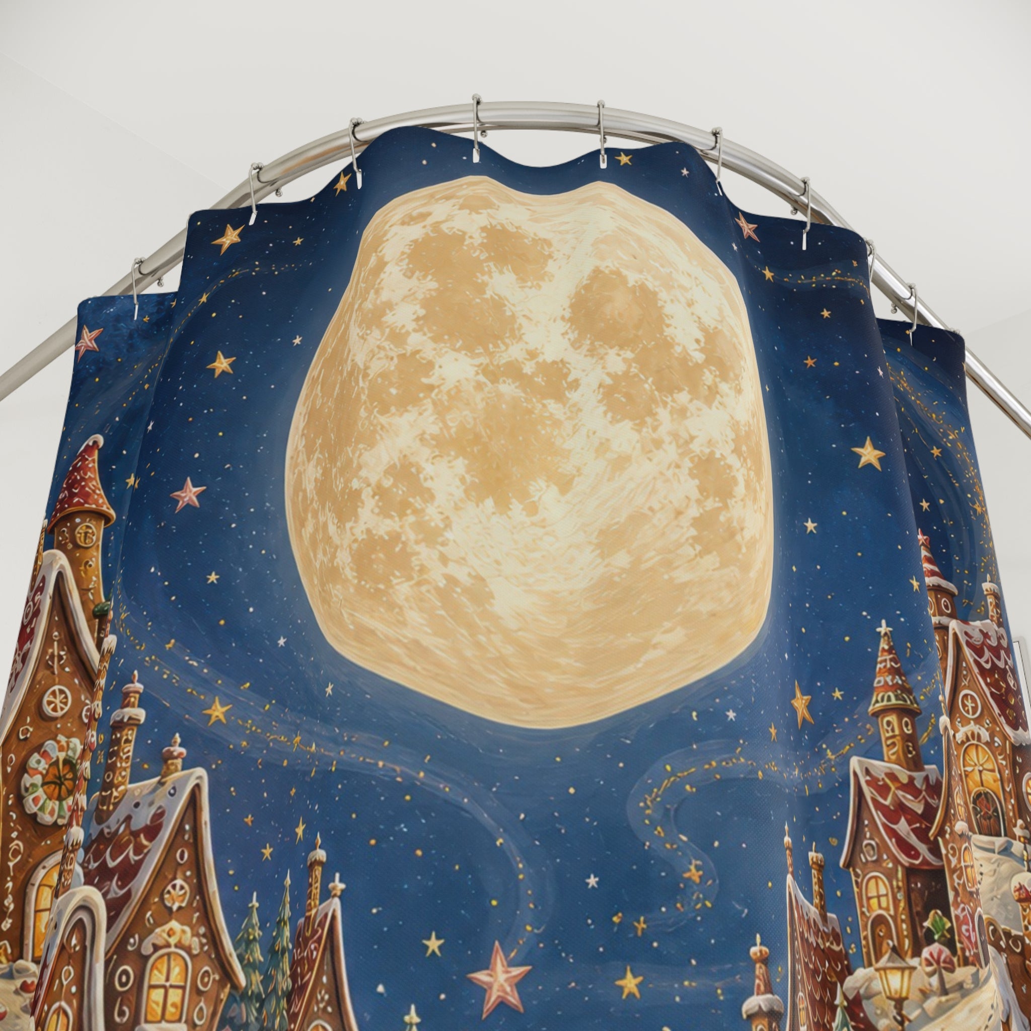 Moonlit gingerbread village with candy cane road shower curtain with close-up print, hooks, and folds