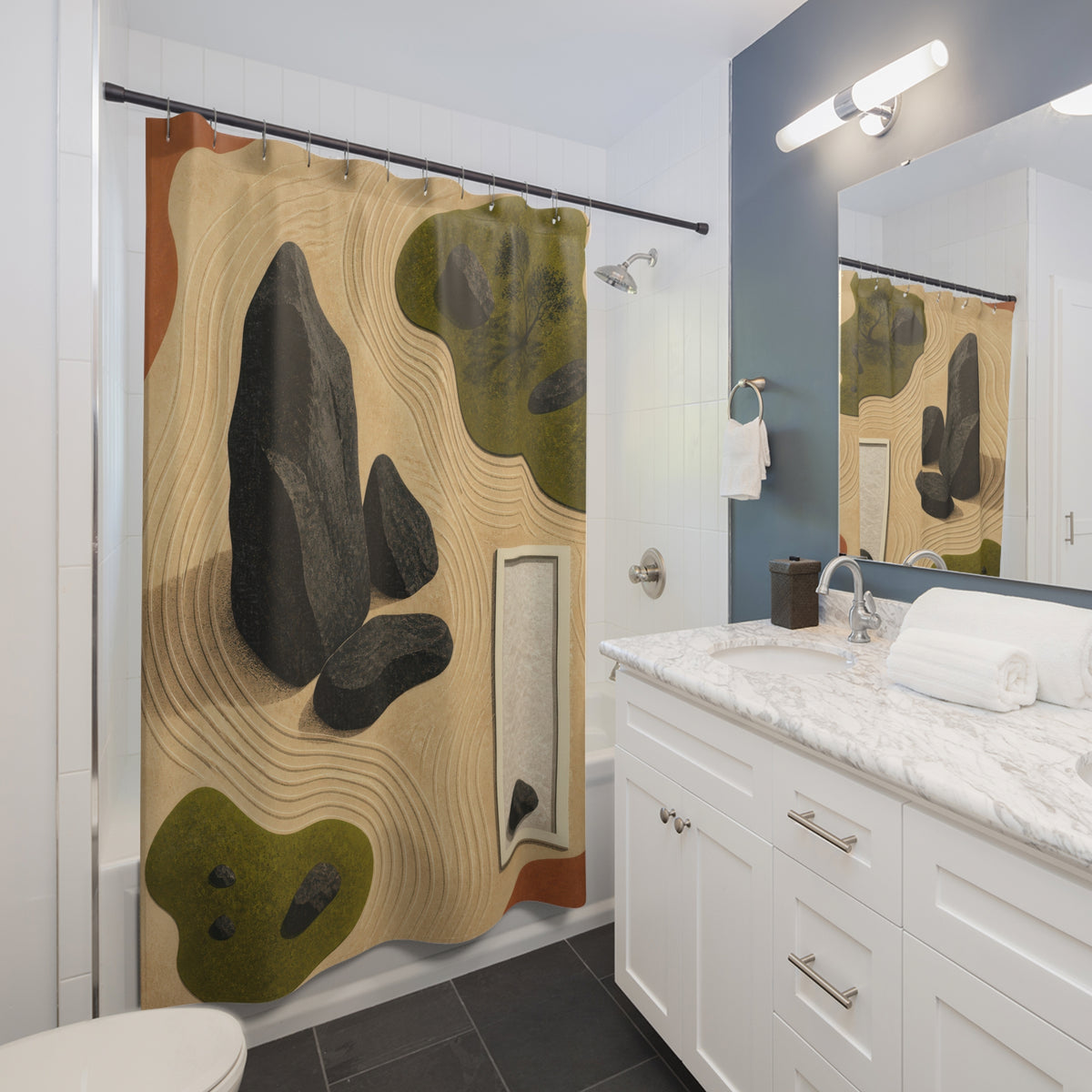 Abstract overhead map of raked gravel, moss, and stones shower curtain beside a white vanity
