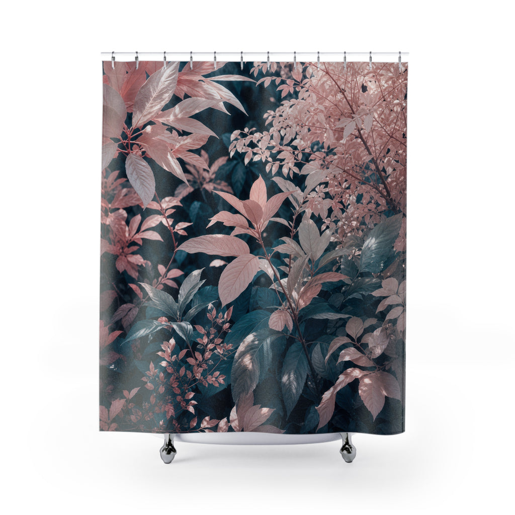 Pink Floral Shower Curtain, Dark Botanical Bath Decor, Rose Leaf Pattern, Moody Guest Bathroom Decor, Teal Garden Style, Rose Garden Style