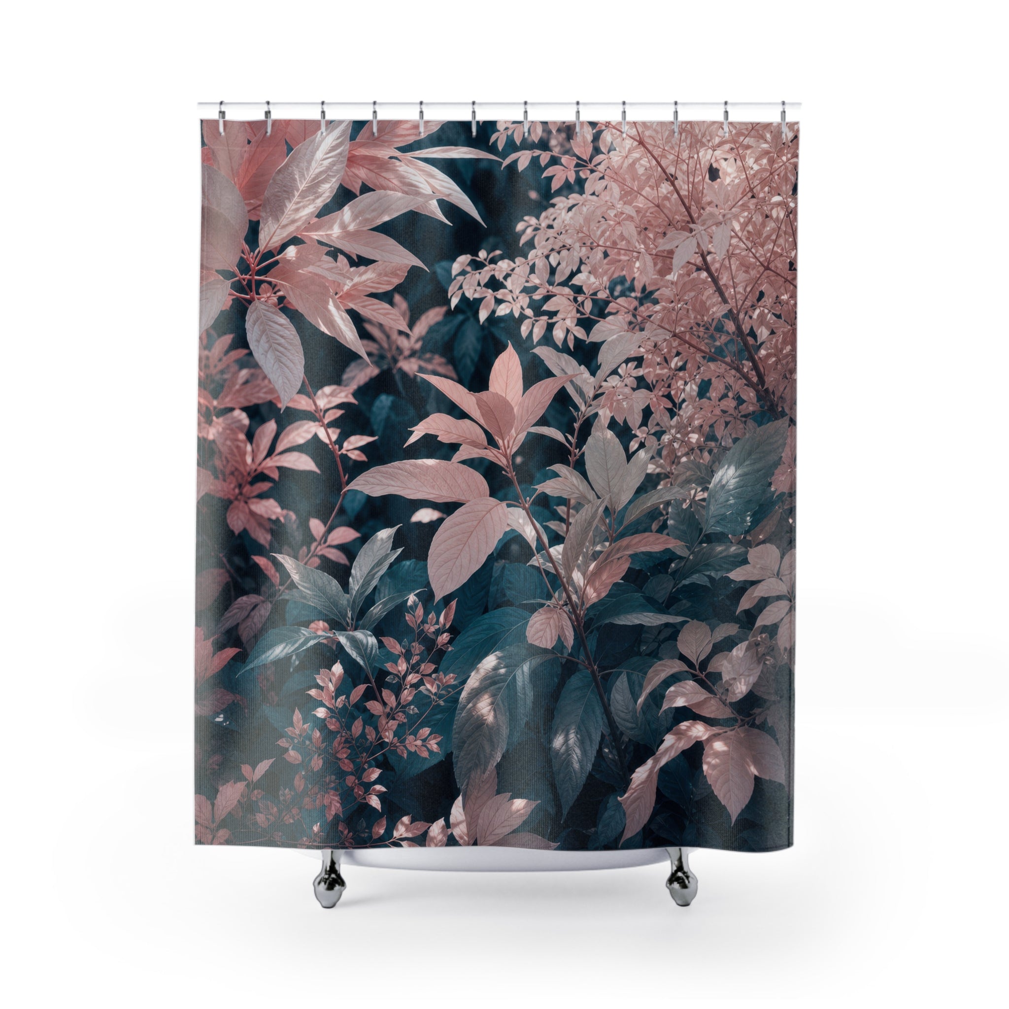Pink Floral Shower Curtain, Dark Botanical Bath Decor, Rose Leaf Pattern, Moody Guest Bathroom Decor, Teal Garden Style, Rose Garden Style