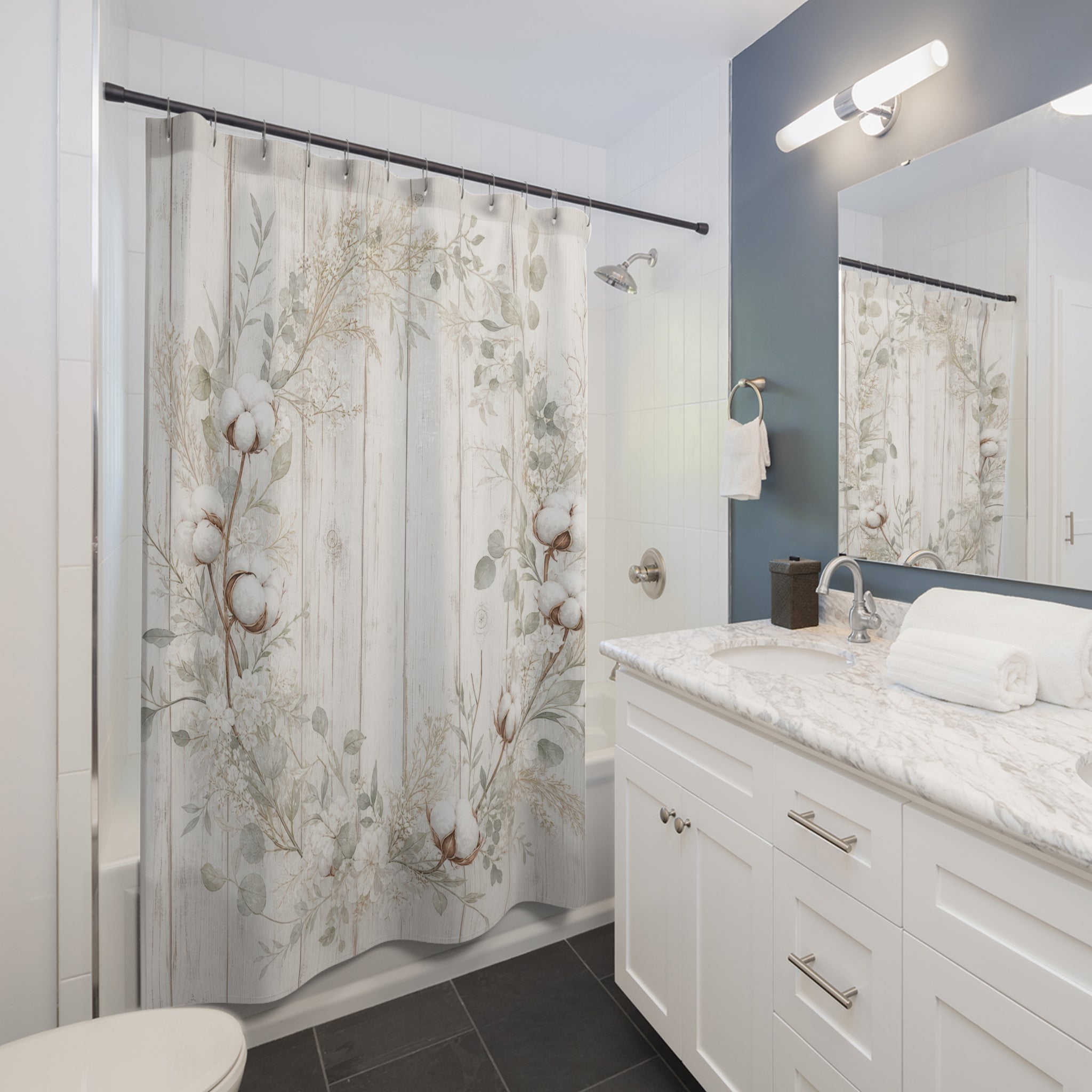 White Farmhouse Shower Curtain: Cotton Wreath Botanical