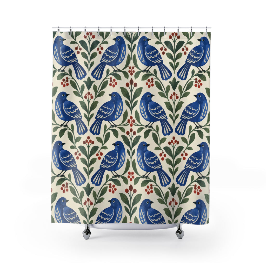Cobalt birds, green leaves and red berries on ivory shower curtain with full front view