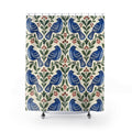 Cobalt birds, green leaves and red berries on ivory shower curtain with full front view