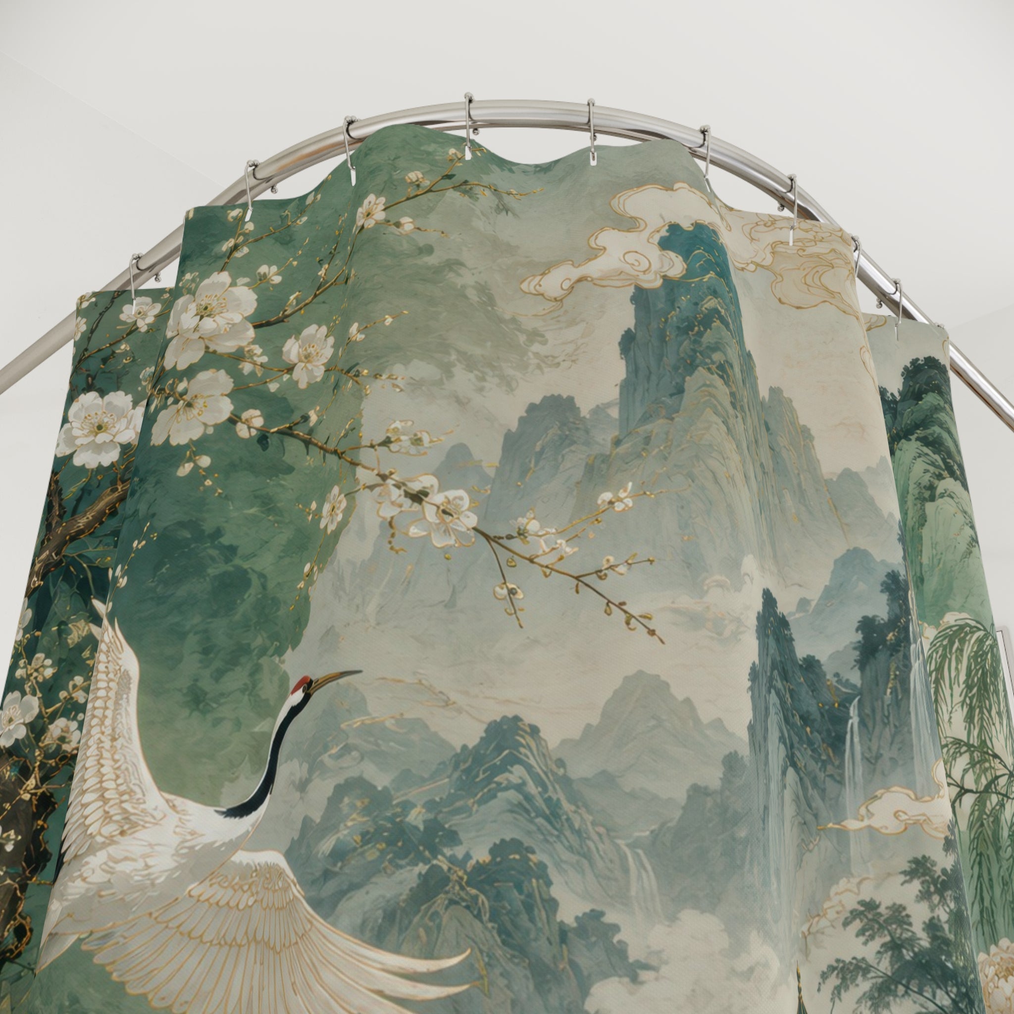 Chinese Shower Curtain: Jade Chinoiserie Crane Landscape