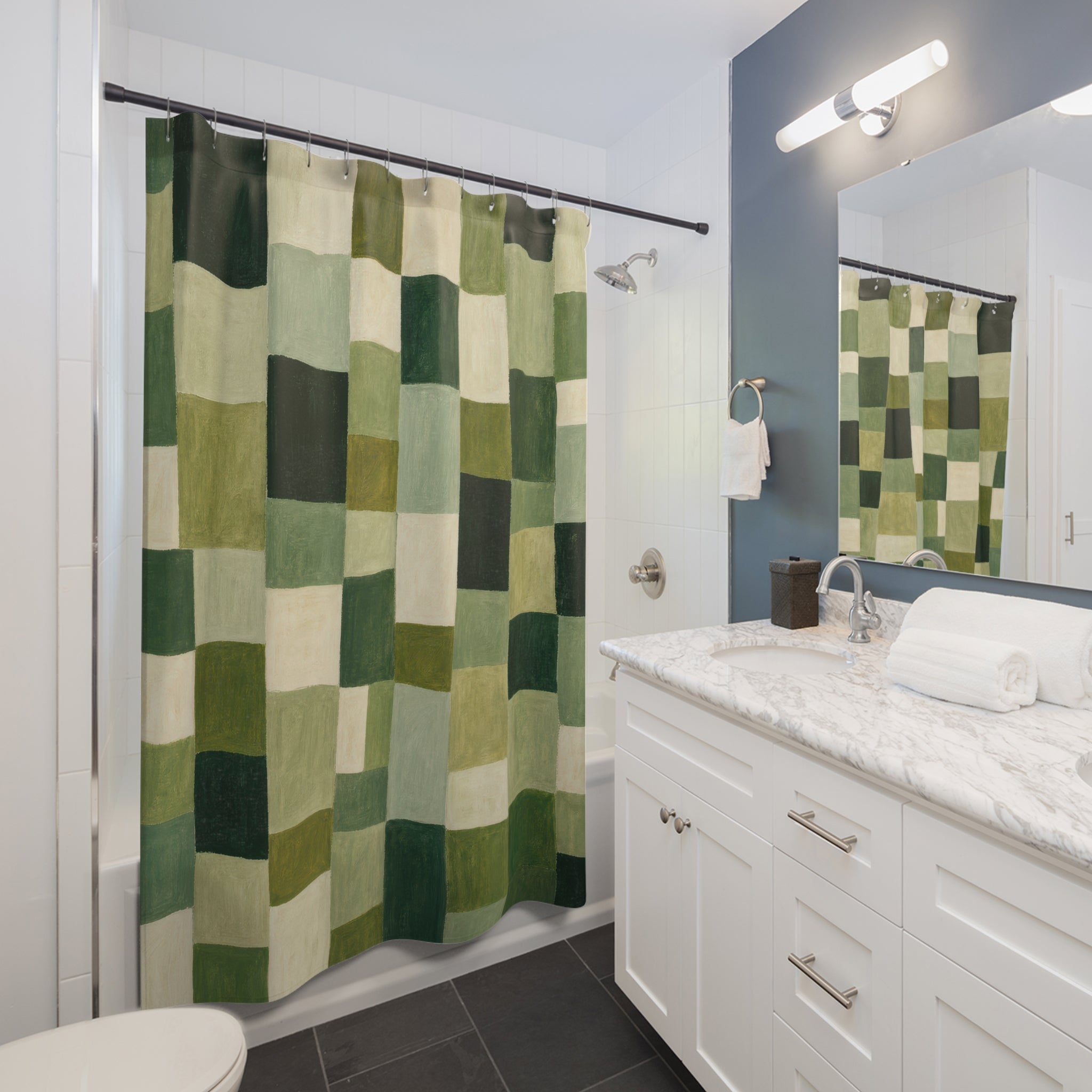 Olive Cream Patchwork Check Shower Curtain