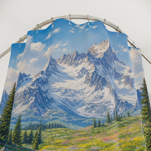 Alpine Wildflower Lake green blue shower curtain with close-up print, hooks, and folds