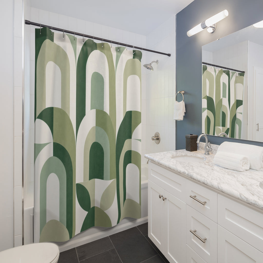 Green White Shower Curtain, Mid Century Arch Bath Decor, Sage Geometric Pattern, Modern Guest Bathroom Decor, Retro Green Style Decor