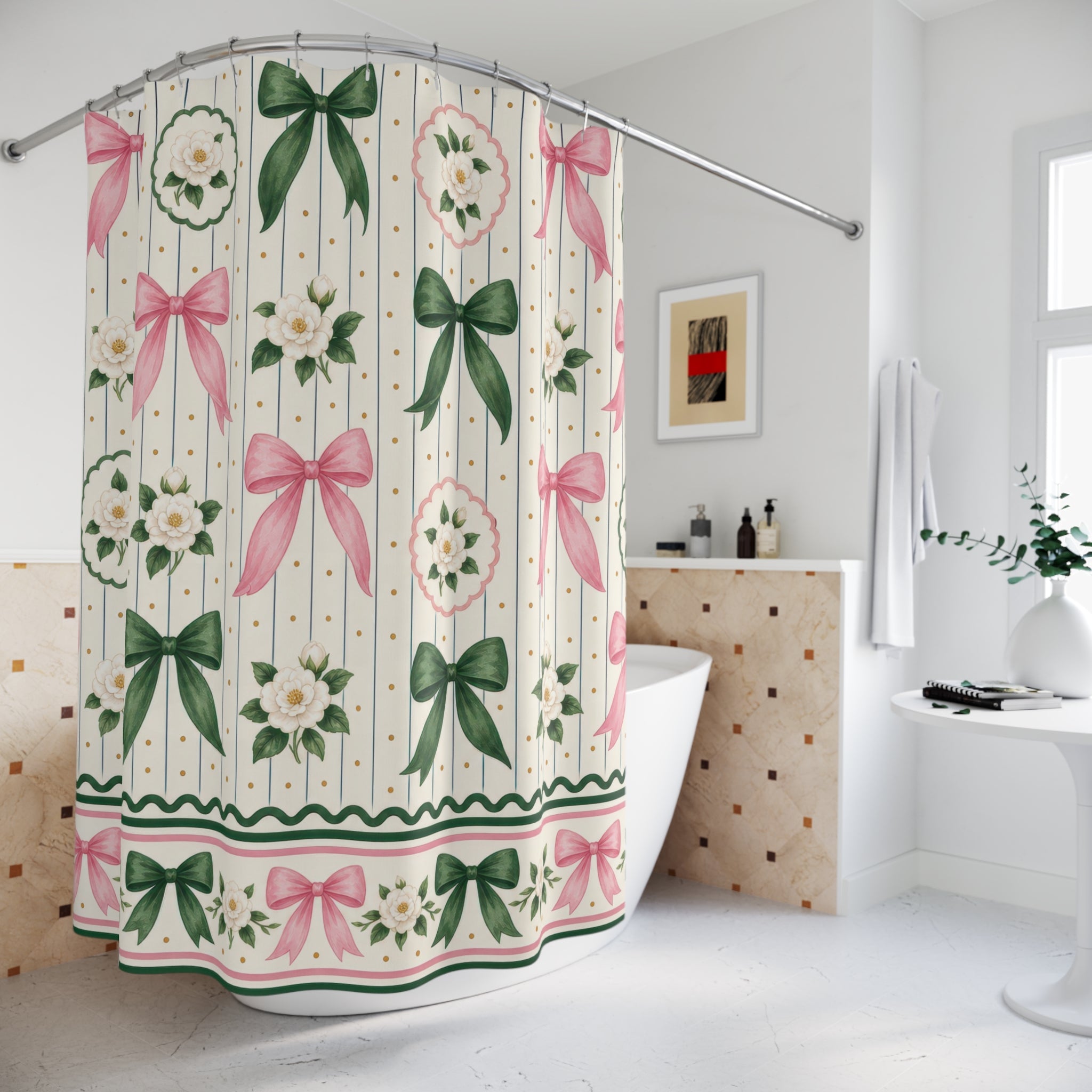 Sorority Shower Curtain, Preppy Pink Green Bow Pattern