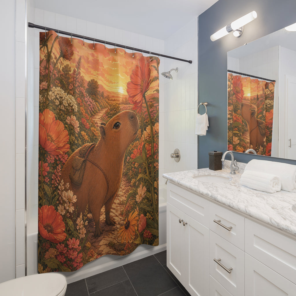 Capybara botanist walking through warm oversized wildflowers shower curtain beside a white vanity