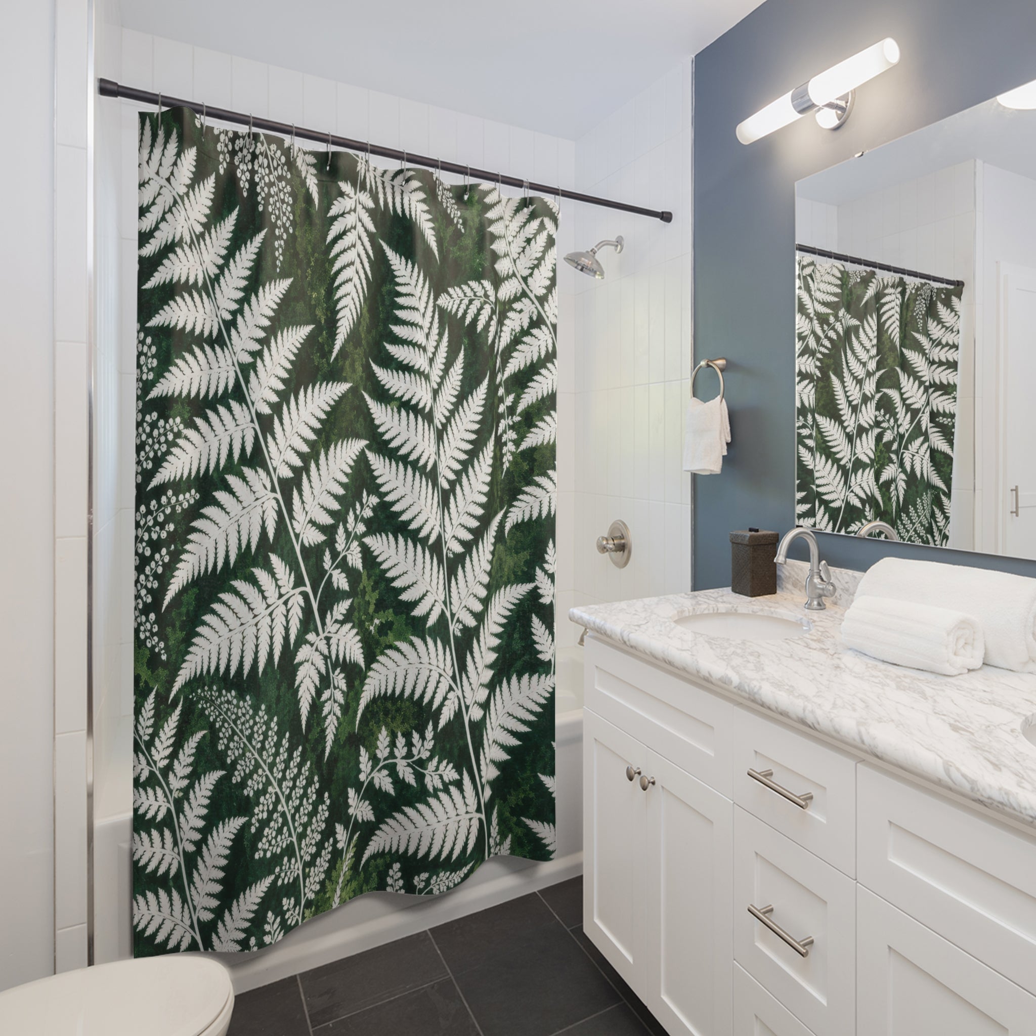 Dark Green White Botanical Leaf Shower Curtain