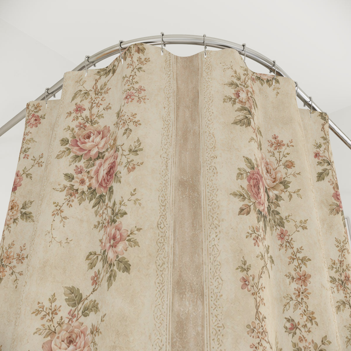 Pink Rose Vintage striped floral shower curtain with close-up print, hooks, and folds