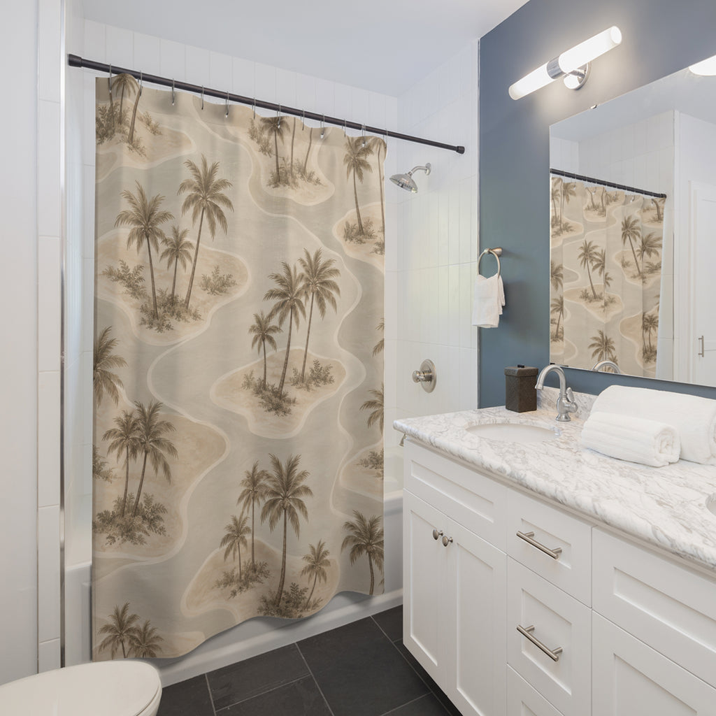 Taupe palm islands with beige and cream lagoon curves shower curtain beside a white vanity