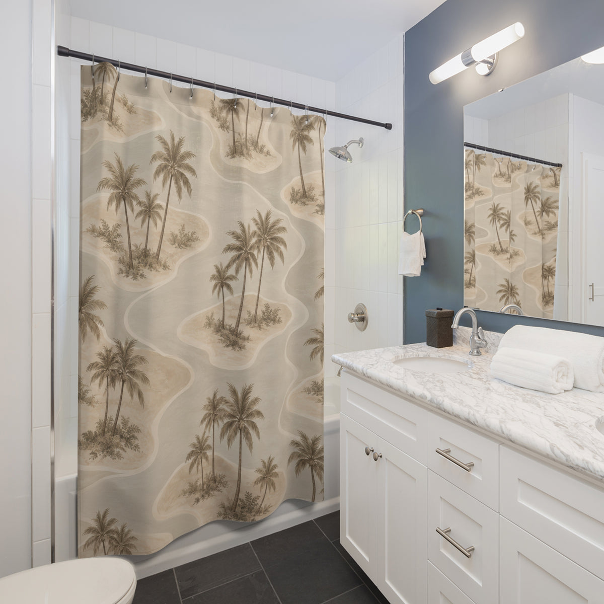 Taupe palm islands with beige and cream lagoon curves shower curtain beside a white vanity