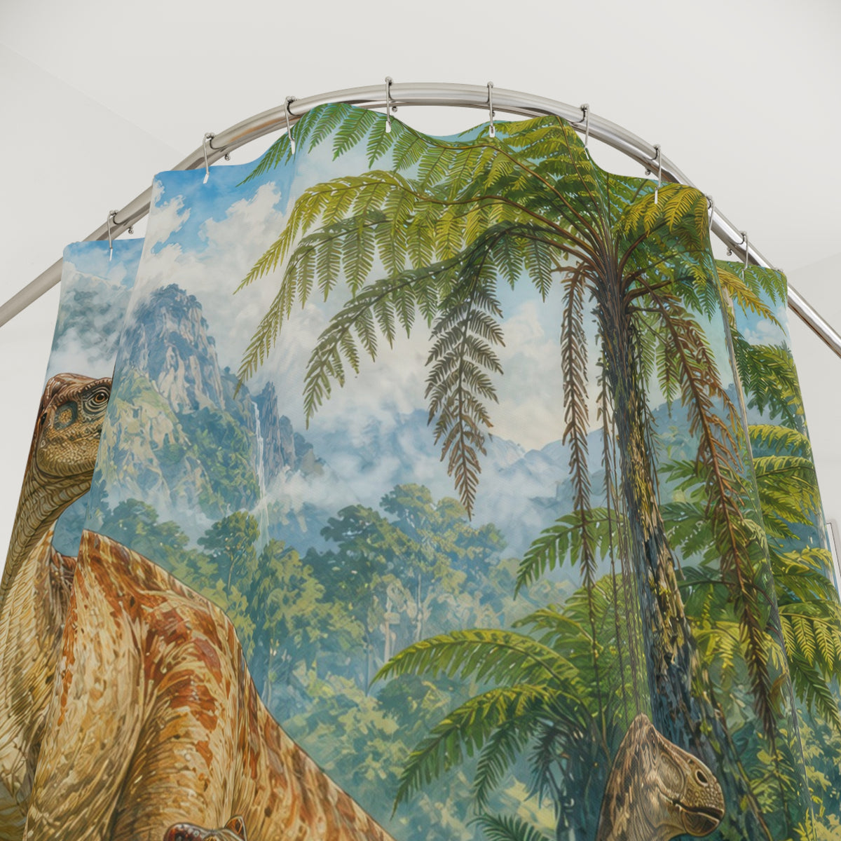 Tropical Hadrosaur Herd shower curtain with close-up print, hooks, and folds