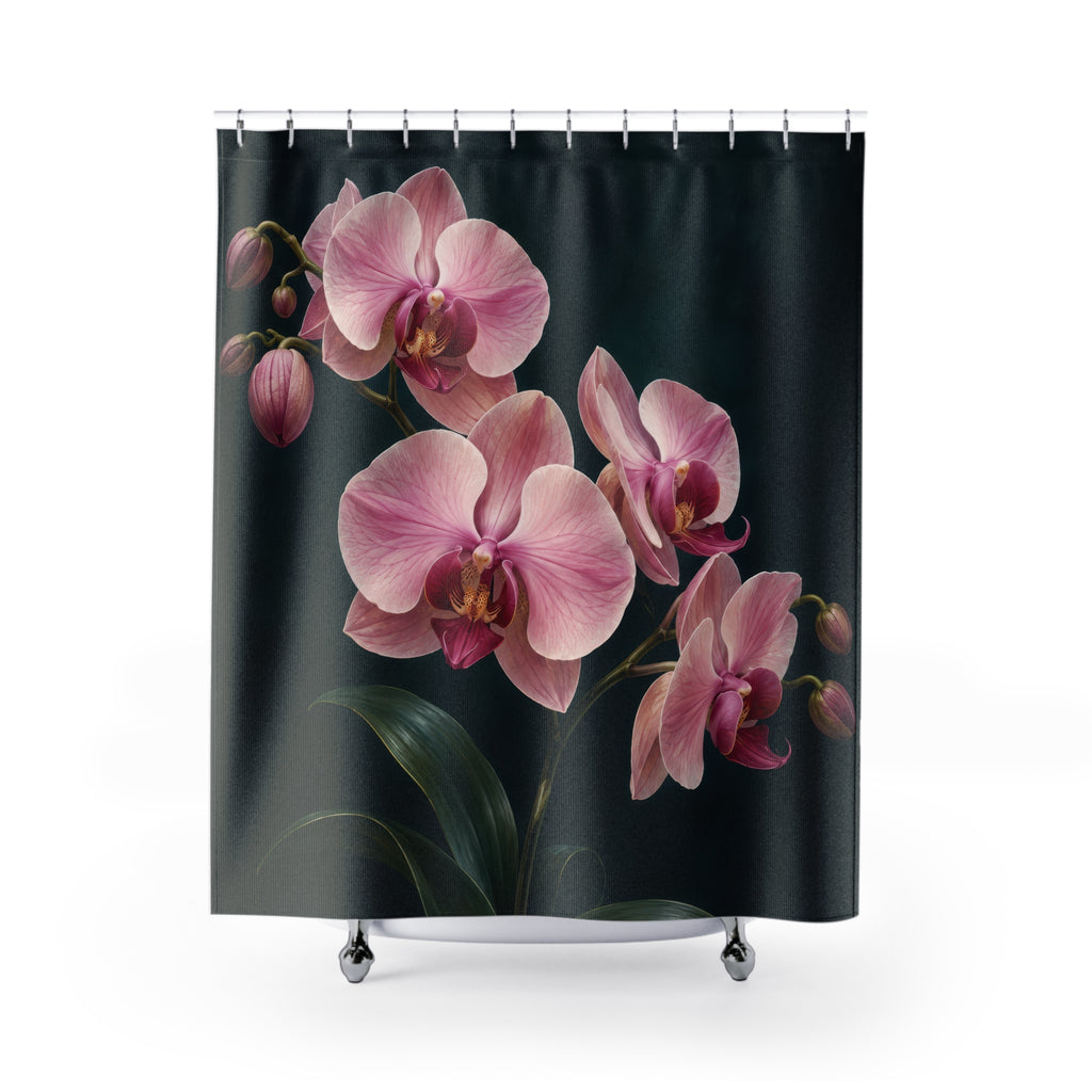 Pink orchids with burgundy centers on midnight teal shower curtain with full front view