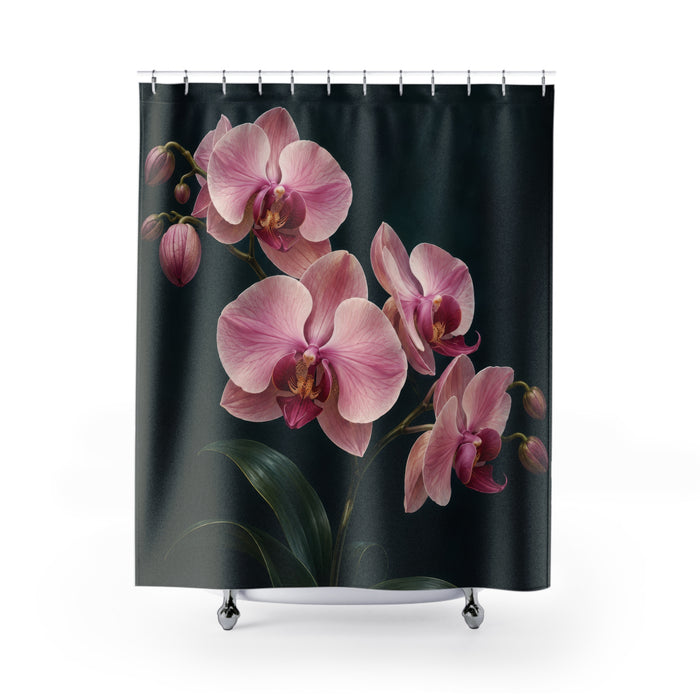 Pink orchids with burgundy centers on midnight teal shower curtain with full front view