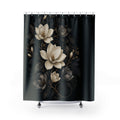 Ivory and charcoal magnolias in an oval medallion on black shower curtain, full front view