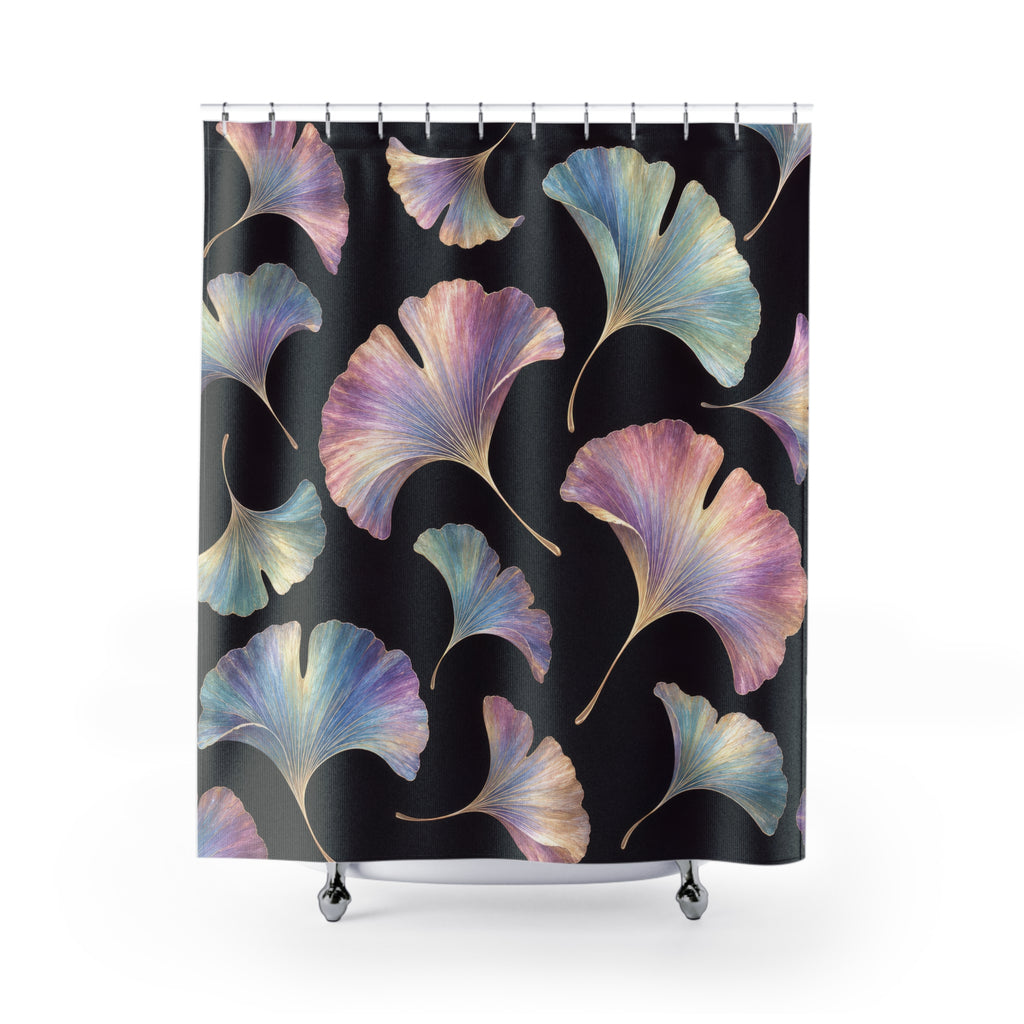 Pastel iridescent ginkgo leaves on a plum-black ground shower curtain with full front view