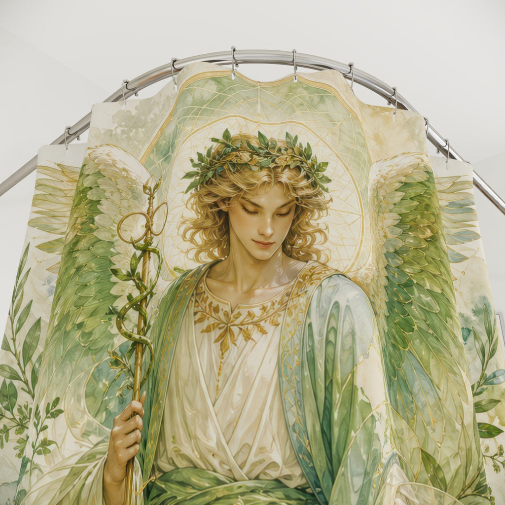 Archangel Raphael Shower Curtain, Healing Angel Botanical Art, Green White Spiritual Decor, Peaceful Garden Bathroom Accent, Garden Bath Art