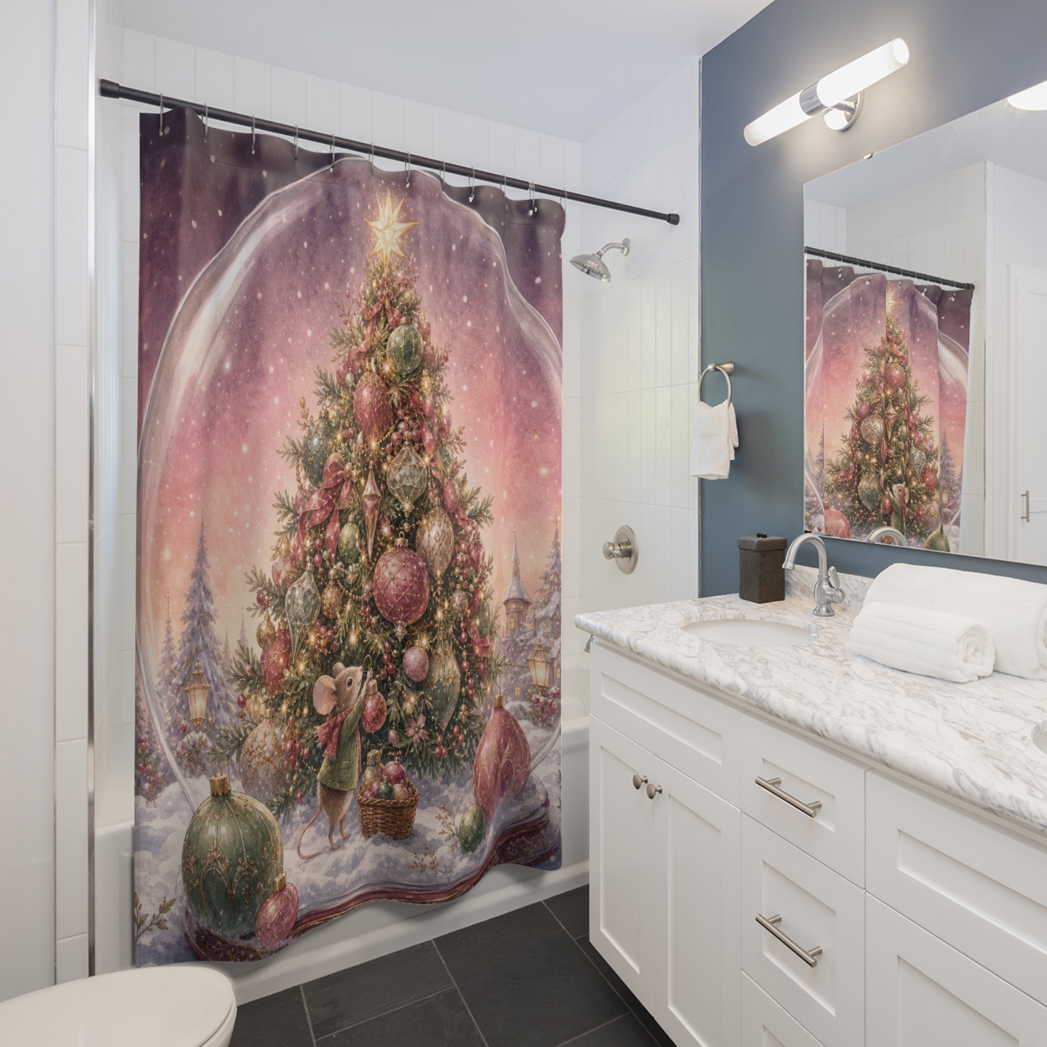 Pink Christmas tree and mouse inside a snow globe shower curtain beside a white vanity
