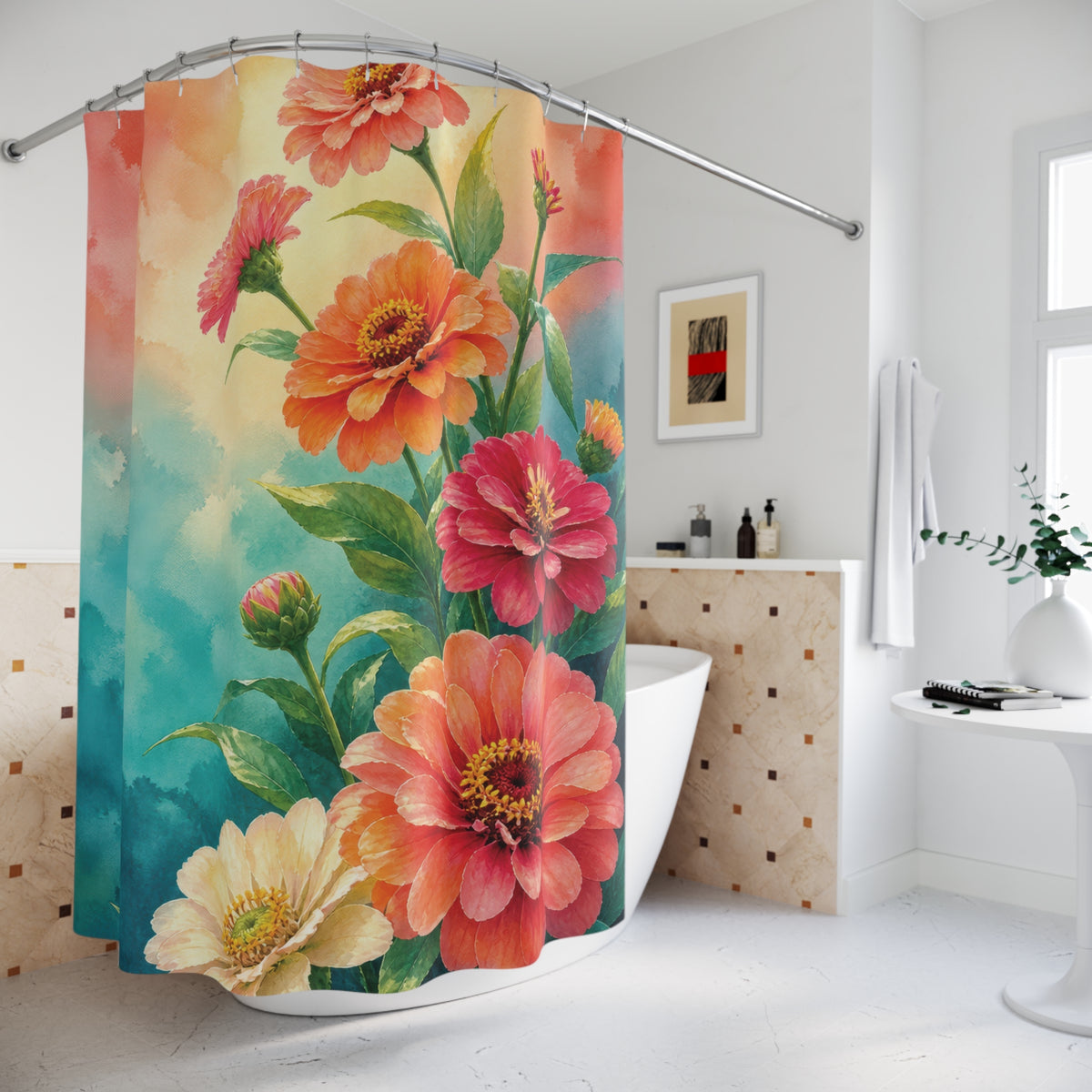 Coral Teal Zinnia Shower Curtain