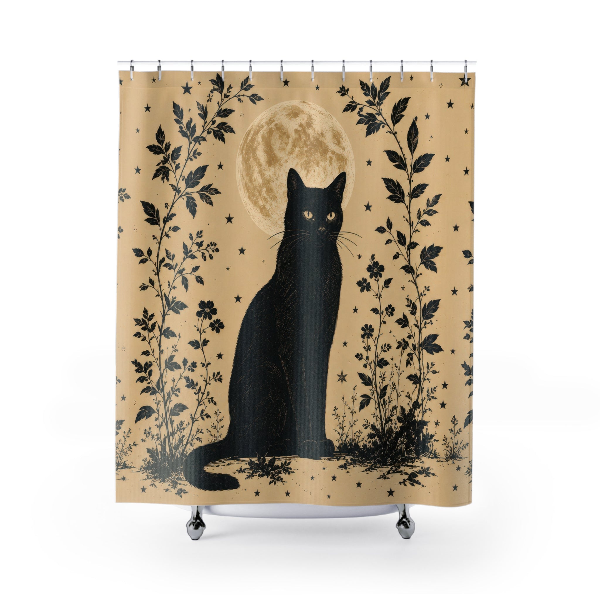 Black Cat Shower Curtain: Vintage Moon Botanical